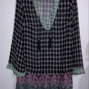 Bisou Bisou Boho Chic Sheer Geometric Floral Dress Bell Sleeves Tassels Sz M